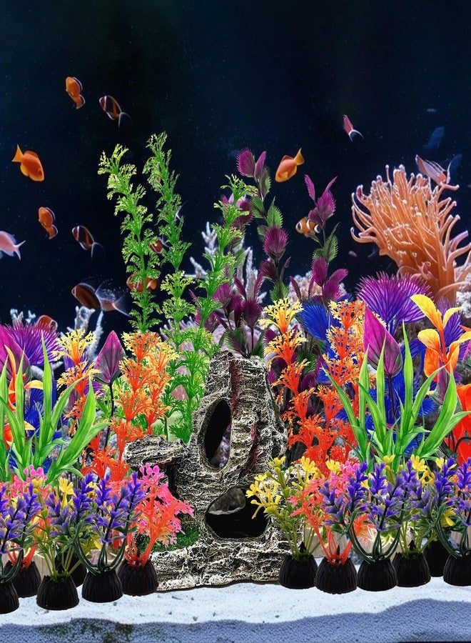 SLOCME 25 PCS Aquarium Plants & Rock Cave Decorations Set - Colorful Fish Tank Plastic Plants Ornaments with Resin Rock Hideout, Realistic Aquarium Decor Accessories for Freshwater & Saltwater Tanks - Image 2